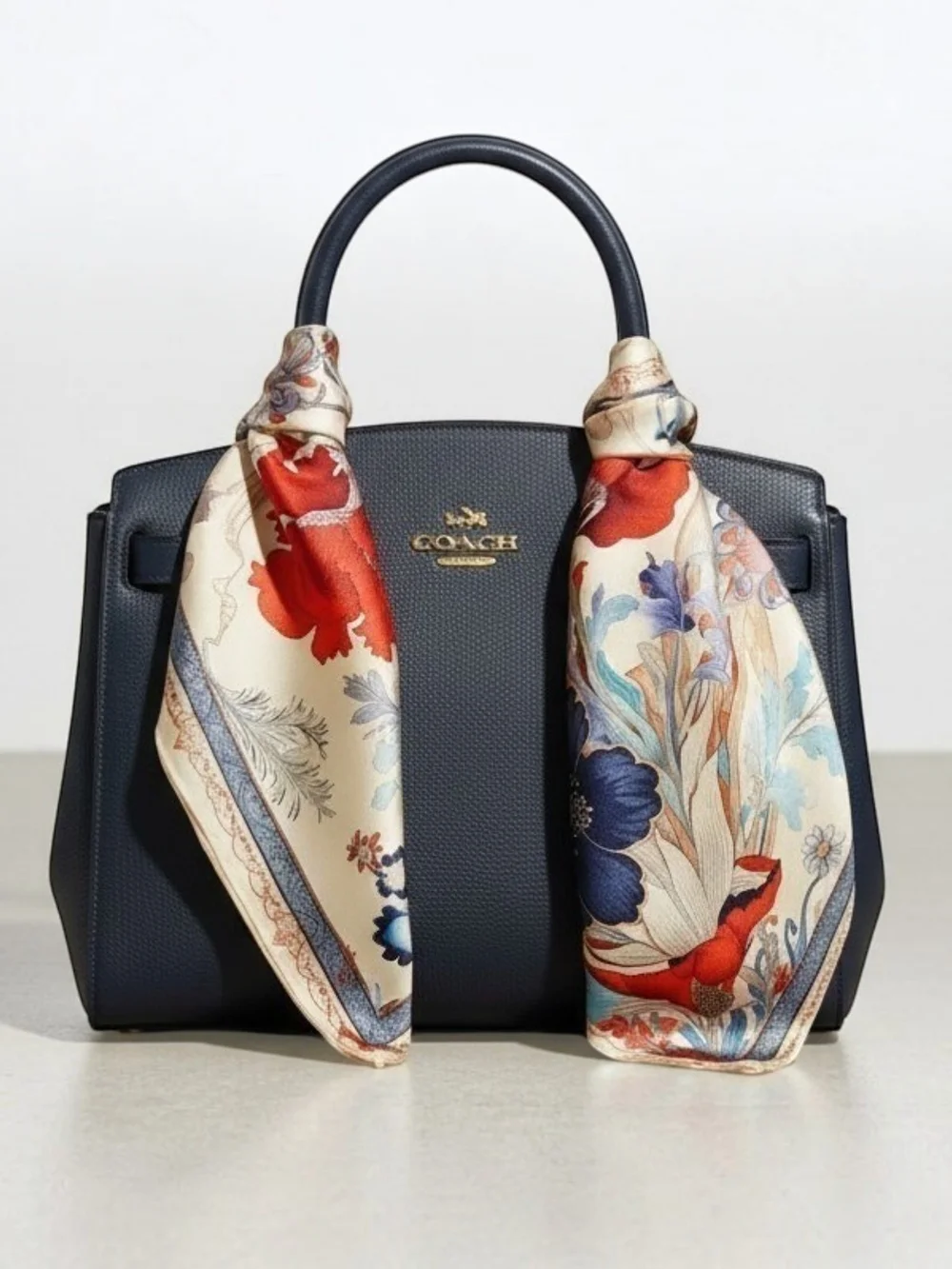 🧣 Beautiful Floral Silky Scarf in Cream, Red & Blue